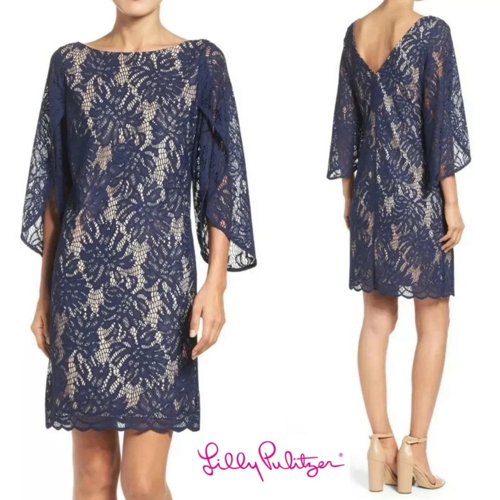 Lilly Pulitzer Belmont Navy Lace Dress Size S Bell Sleeves Cocktail Party Preppy - Picture 2 of 14